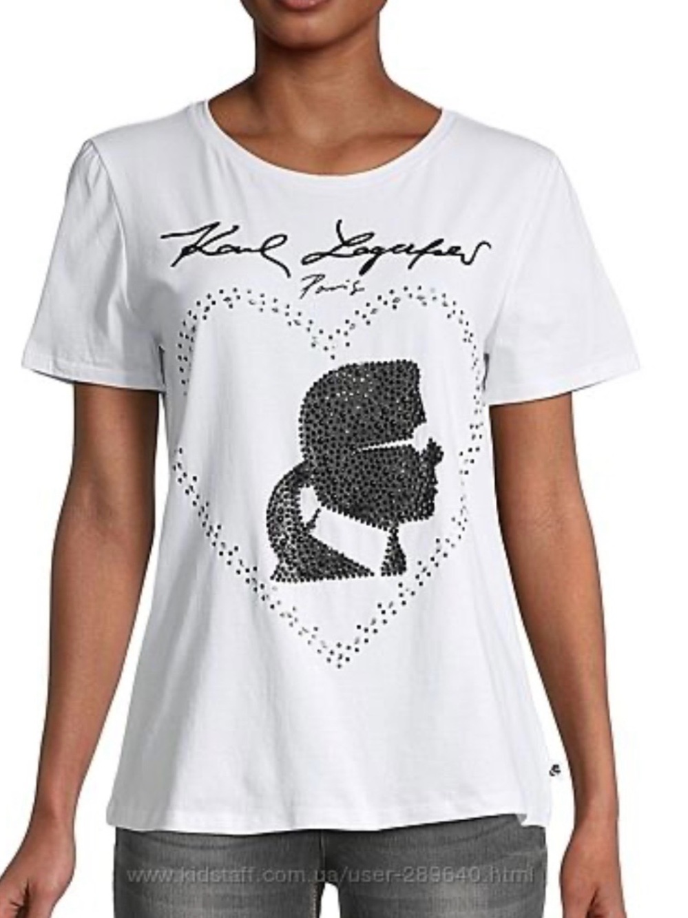 Karl Lagerfeld White Tee with Black Rhinestone Silhouette